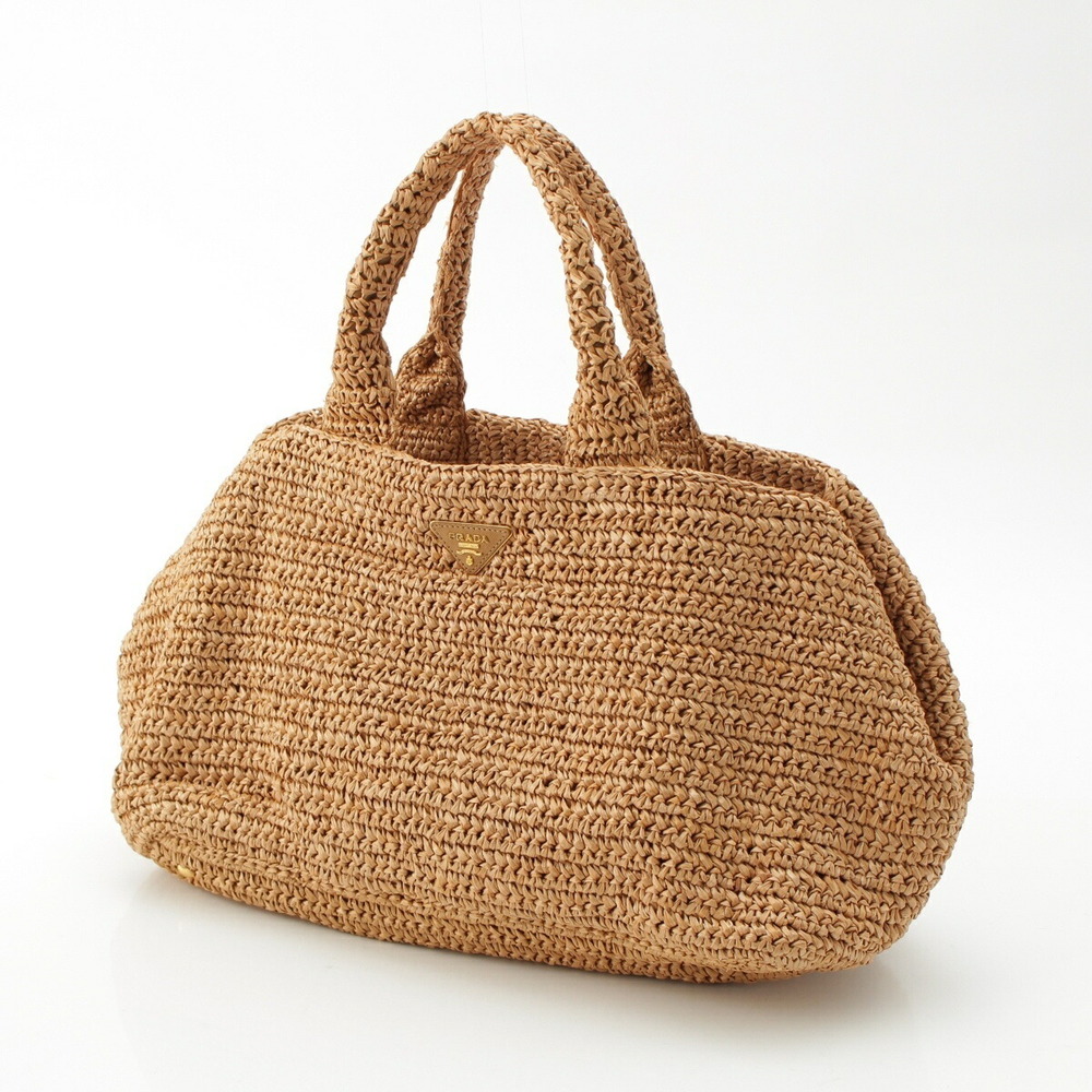 Prada Triangle Tote Raffia Bag Logo Beige Tan Woven - Picture 1 of 10